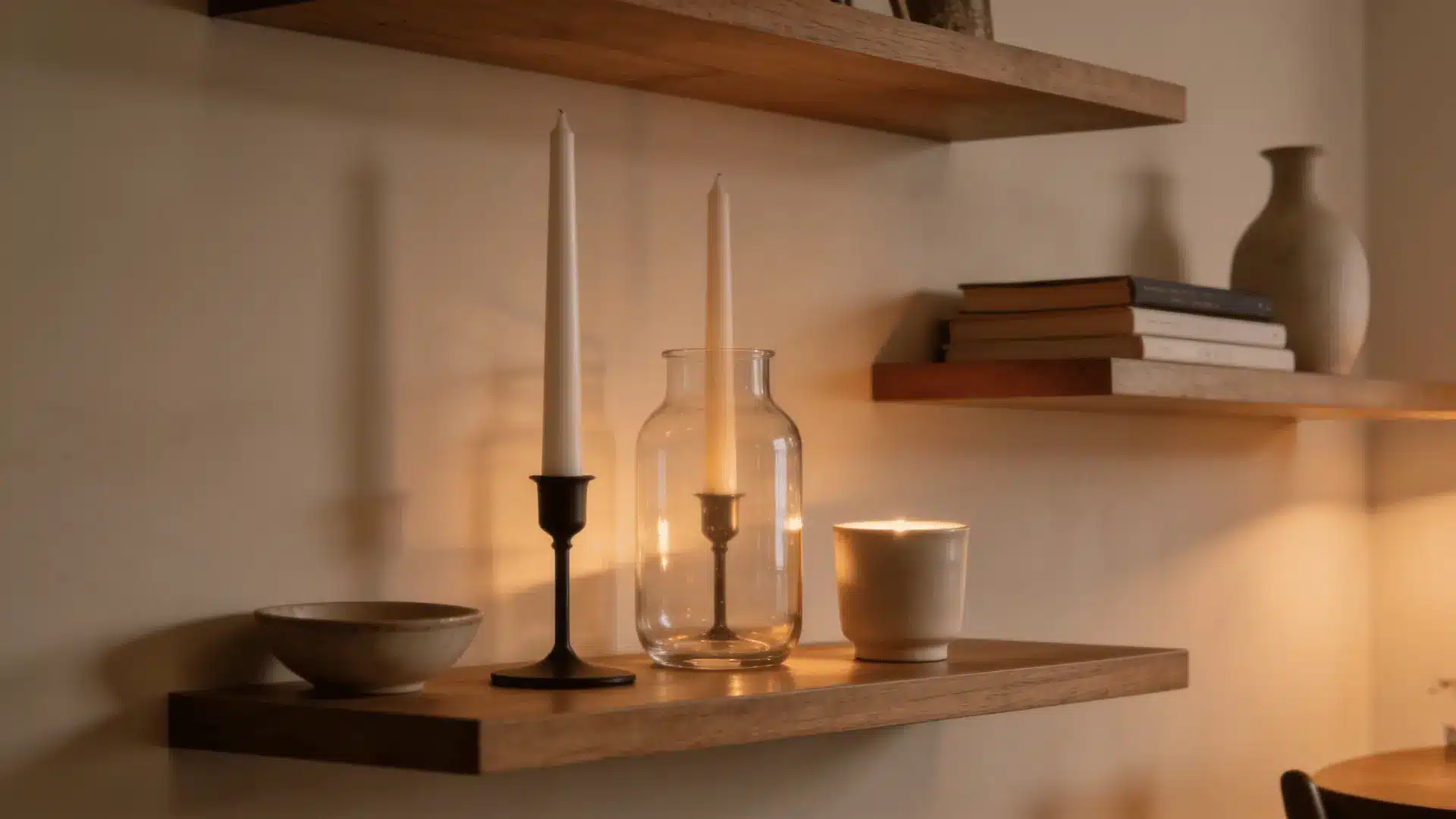 candles in staggered holders styled on warm floating shelves