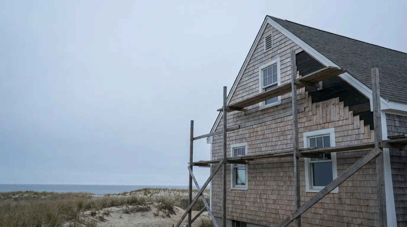 Weathered beach house under renovation with scaffolding by a grassy sand dune and ocean in the background