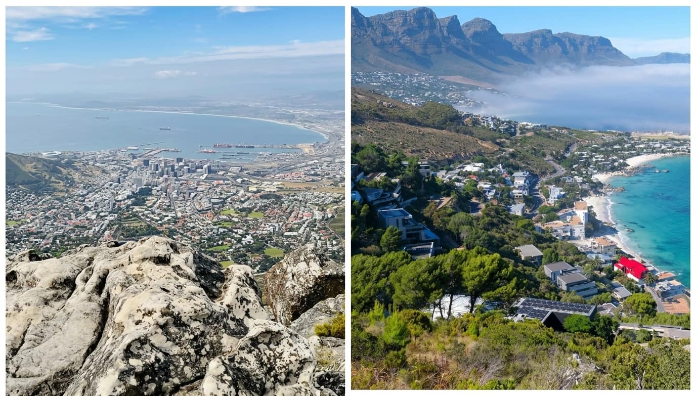 a collage of two images showing scenic views of cape town from a rocky mountain overview