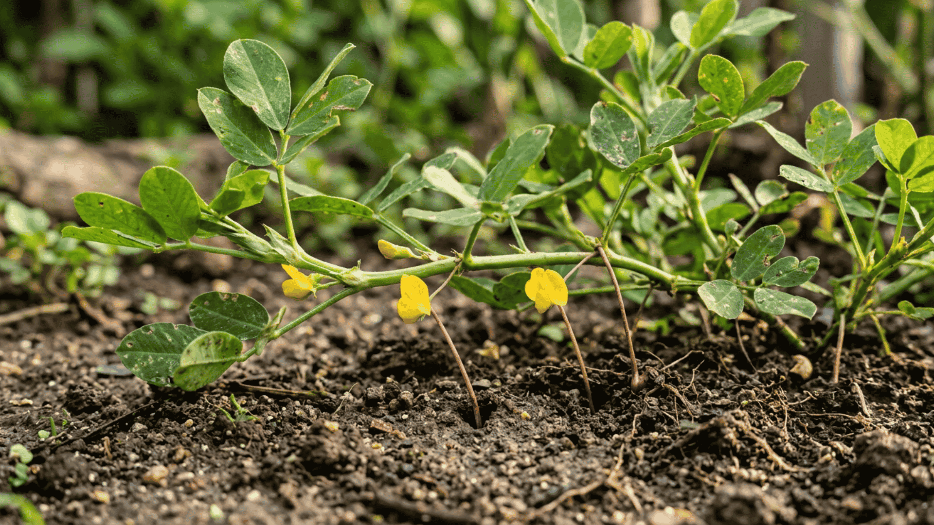 yellow peanut flowers and slender pegs entering loose soil as underground pods begin to form