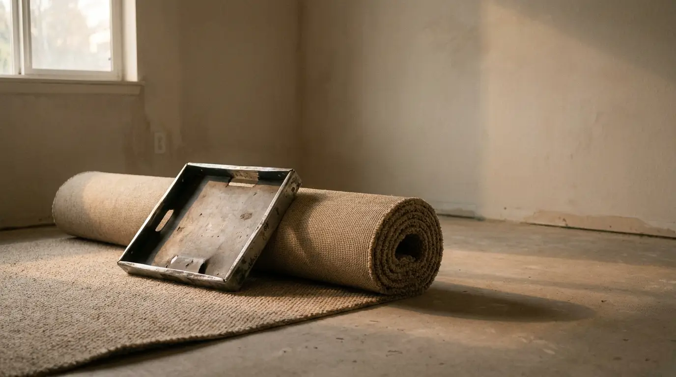 Rolled jute rug leaning against a textured wall in a sunlit room