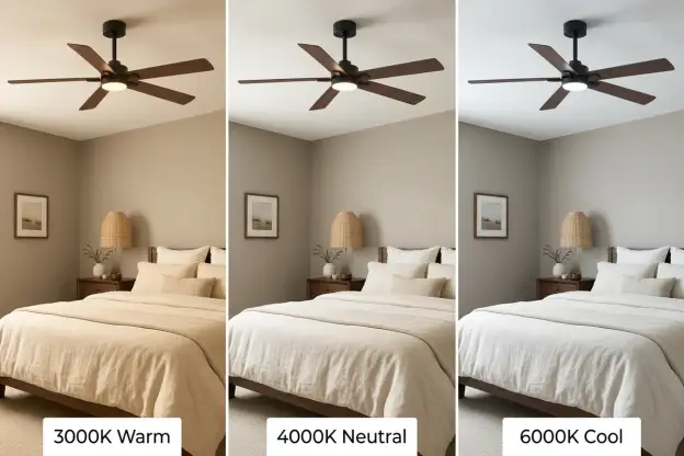 Breezary bedroom ceiling fan showing how 3000K, 4000K, and 6000K LED lighting changes wall paint appearance