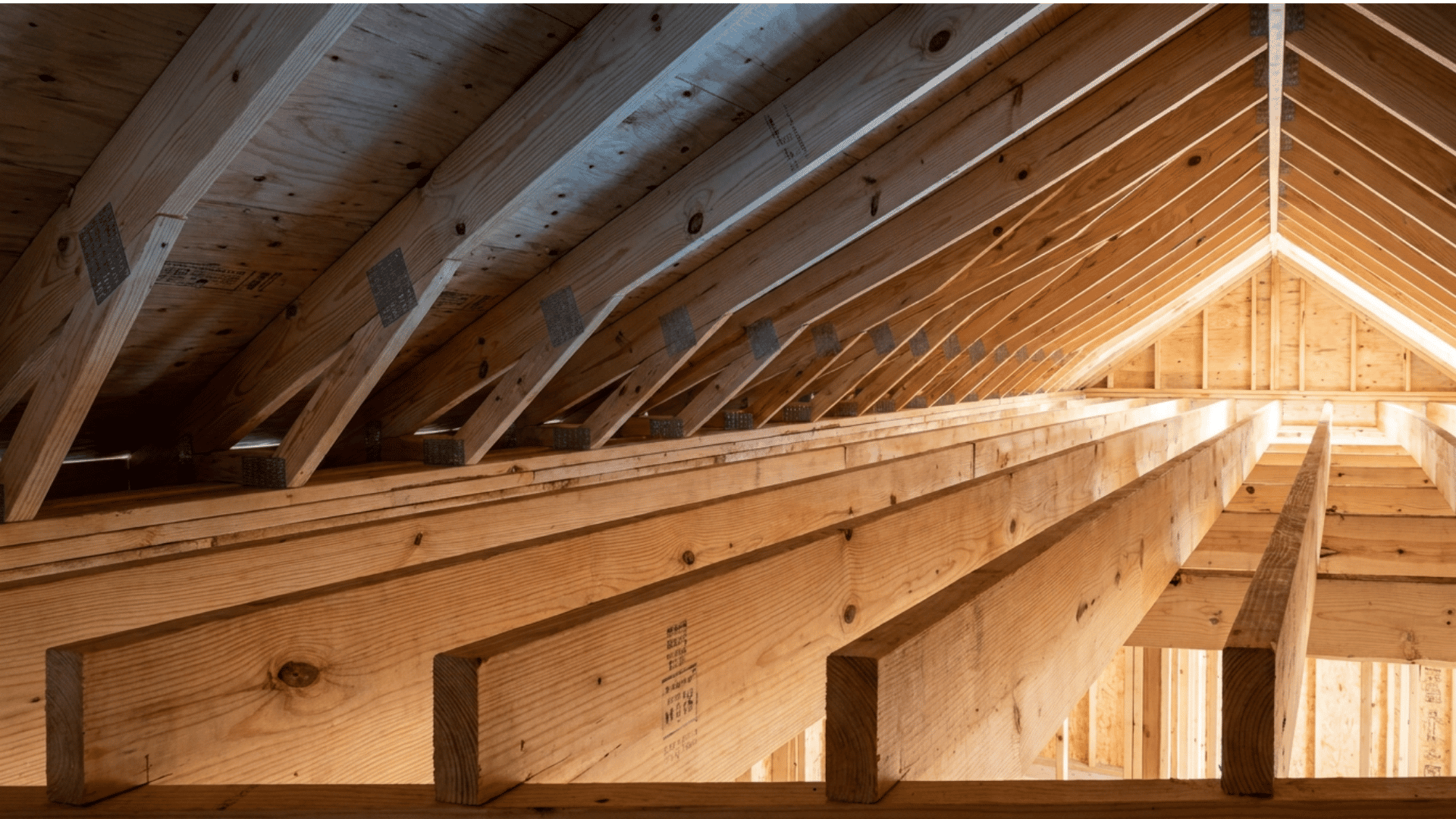 parallel wooden ceiling joists and sloping roof rafters seen from below in an unfinished attic space