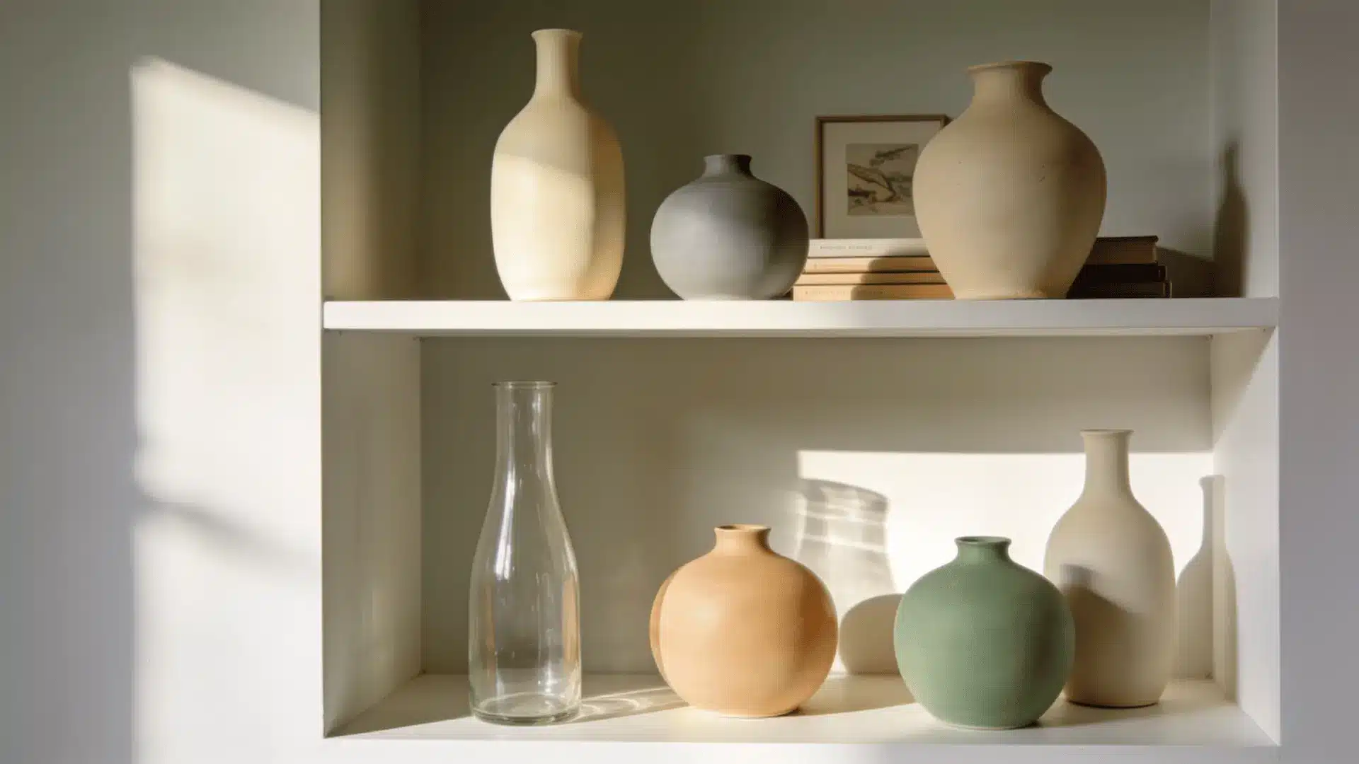 ceramic and glass vases styled on open shelves in varied heights