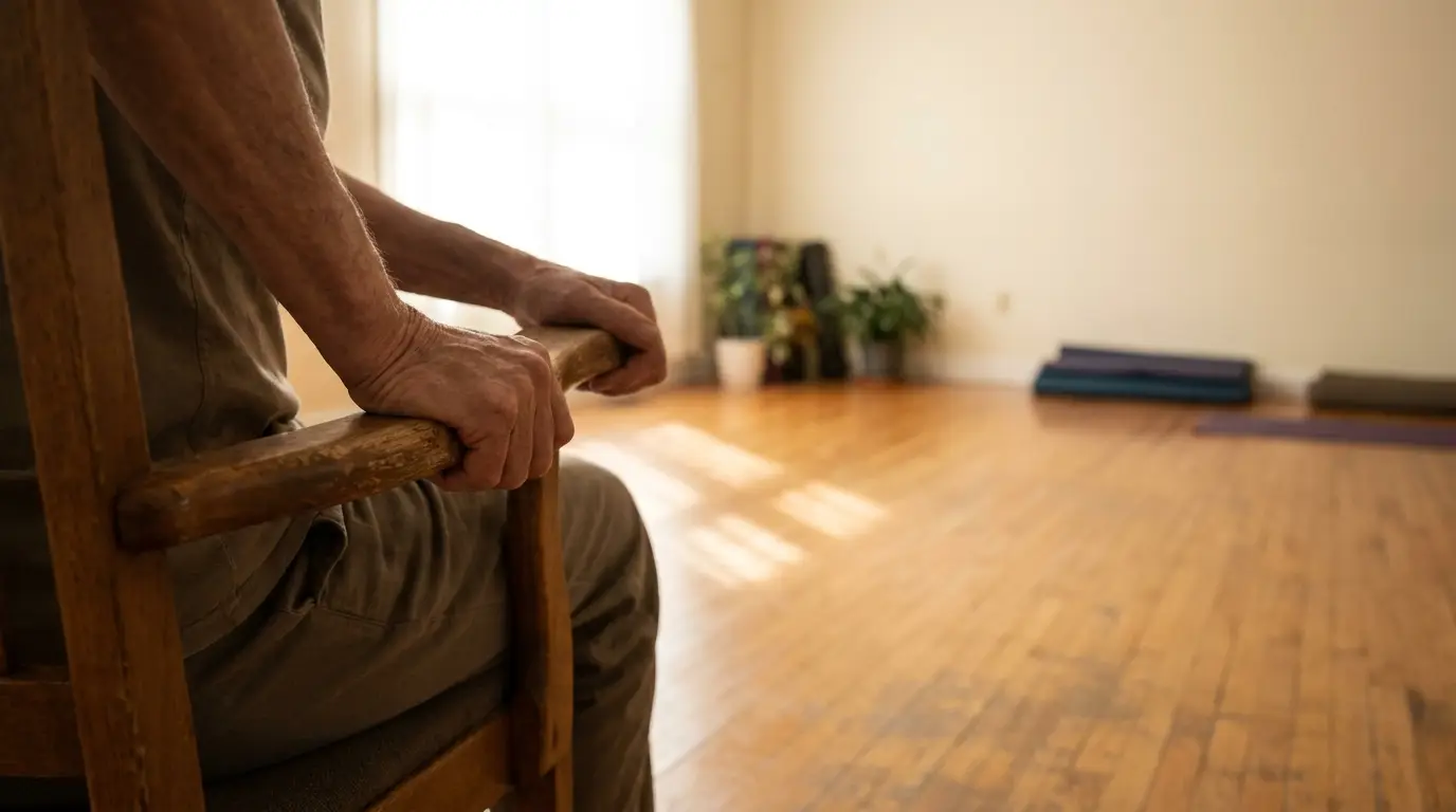Seated person holding chair in a spacious yoga studio with wooden floor and mats