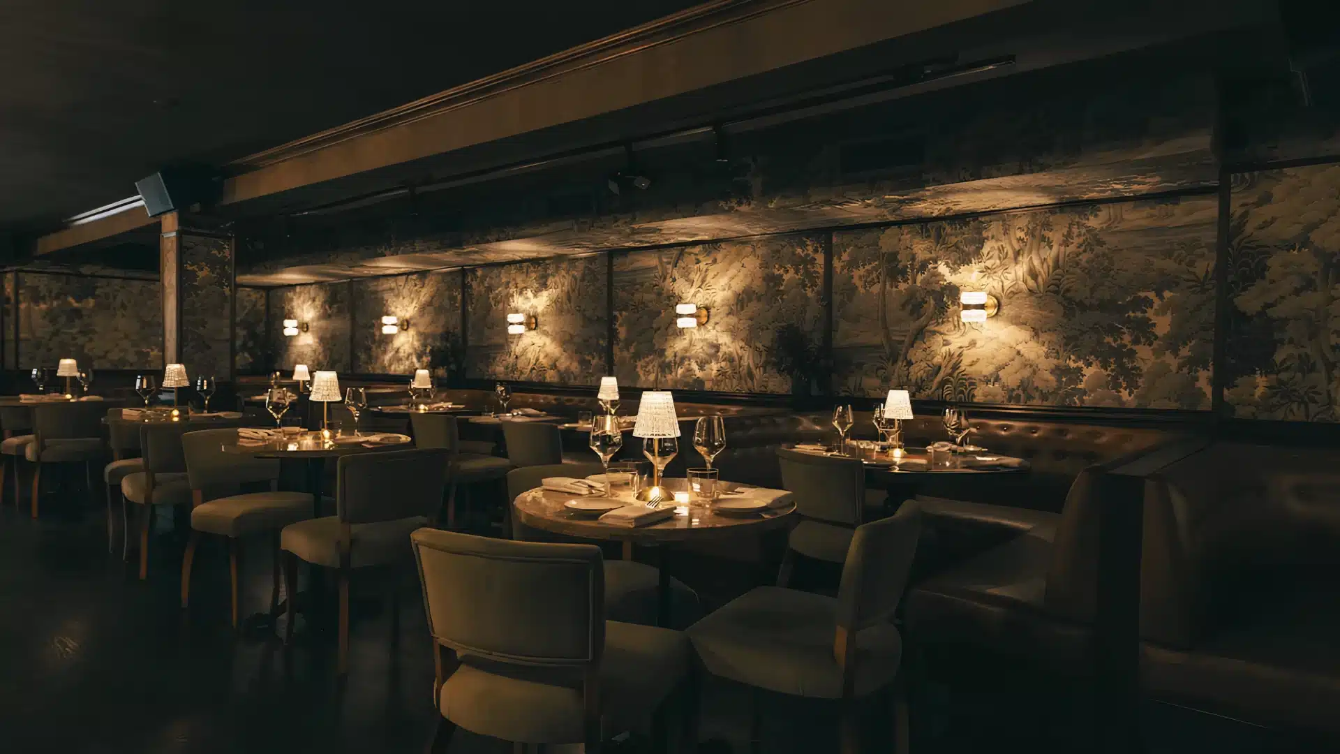 dimly lit dining room at chelsea living room nyc with candlelit tables and floral wallpaper