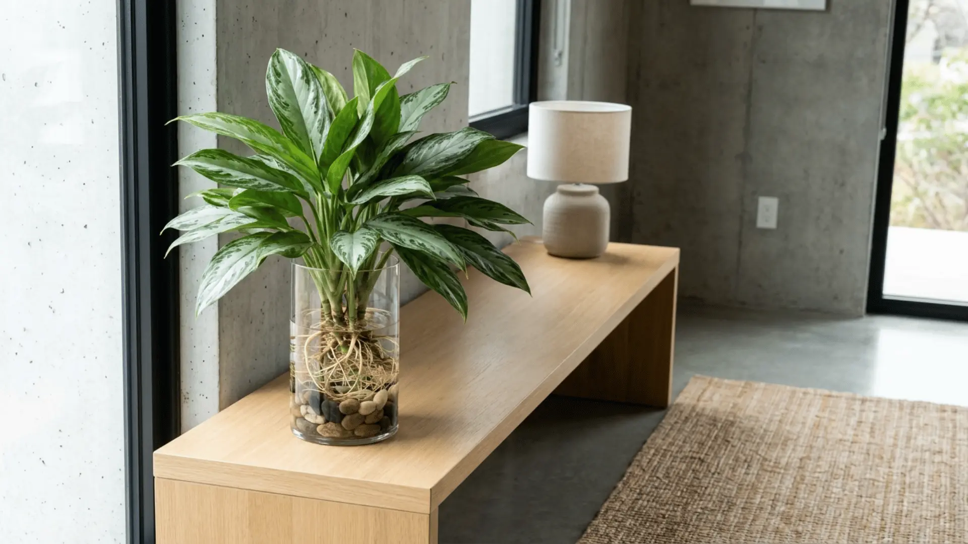 variegated leafy plant with exposed roots growing in a tall glass vase on a wooden table beside a small lamp