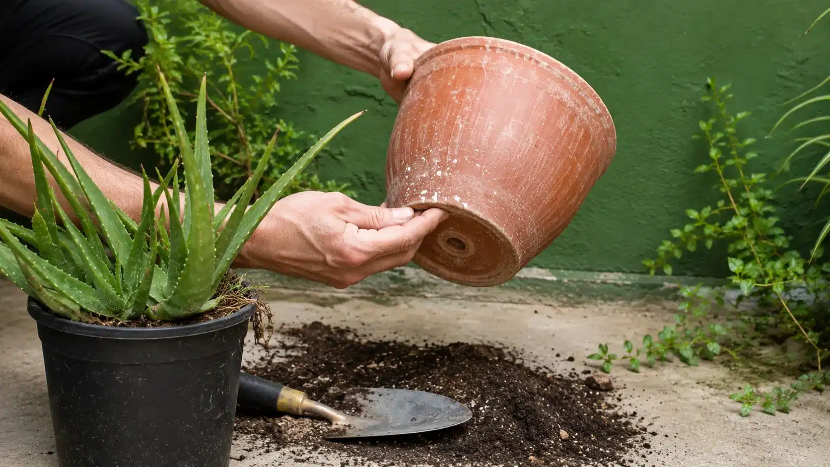 hands checking the drainage hole of a weathered terracotta pot beside a potted aloe vera plant