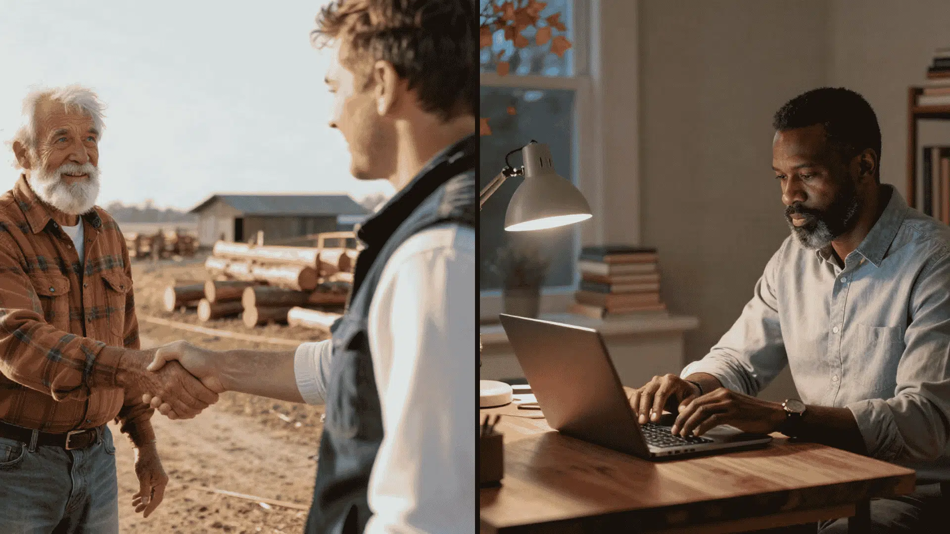 local firewood seller shaking hands with a buyer beside an online shopper using a laptop at home