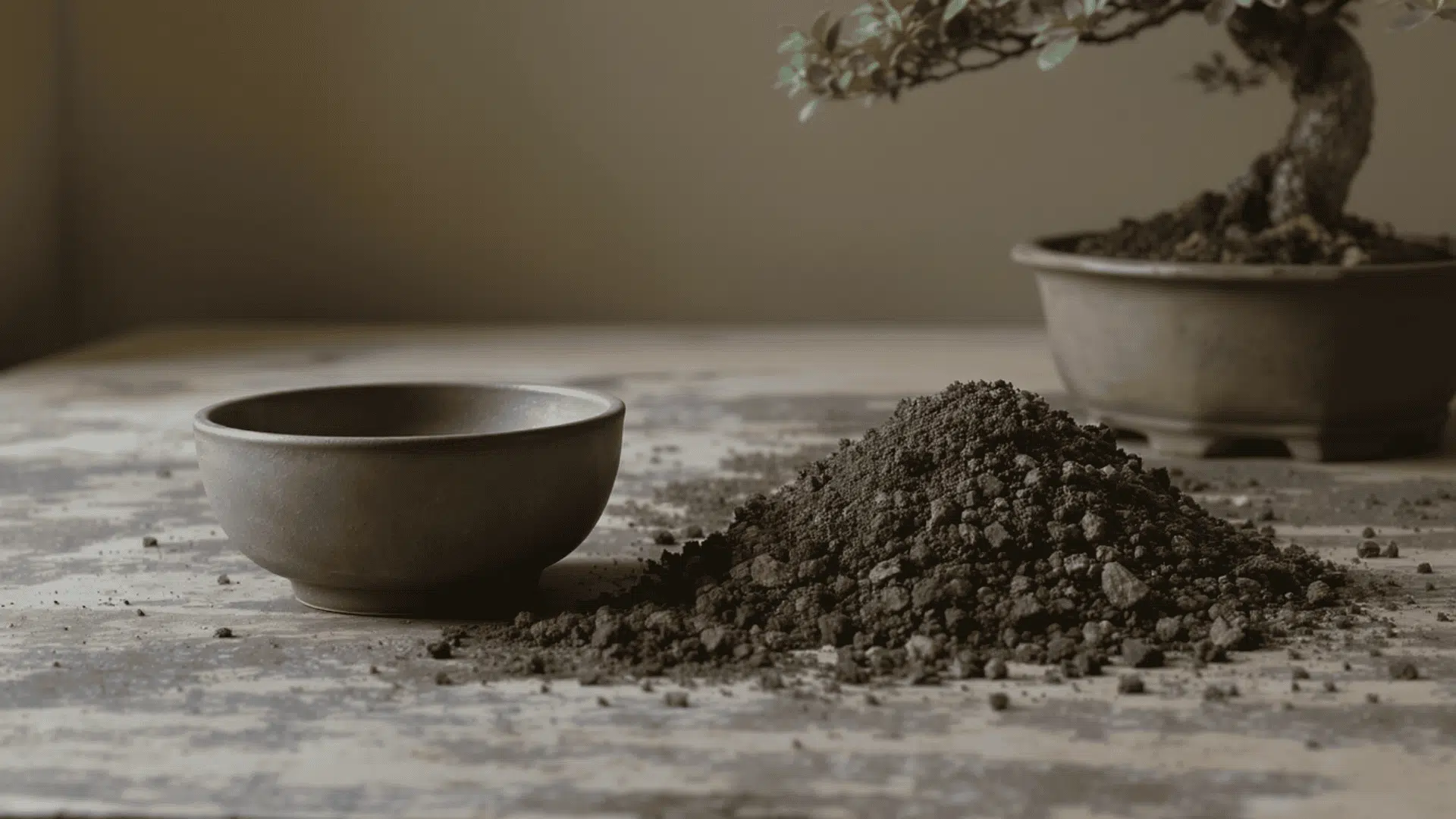 bonsai tree on a potting table with coarse soil materials fresh soil scoop and gardening tools