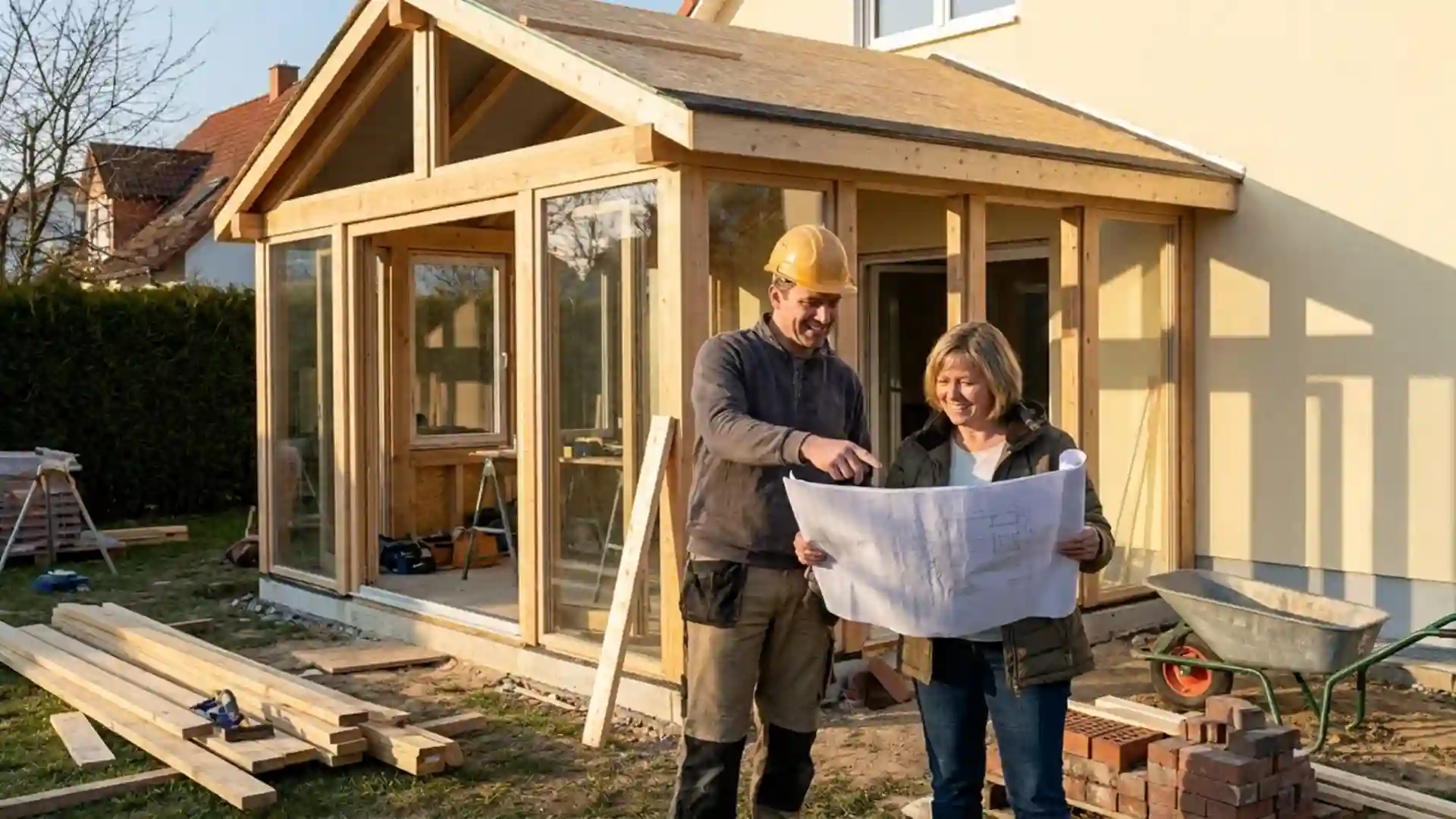 construction workers review blueprints for an addition to a home