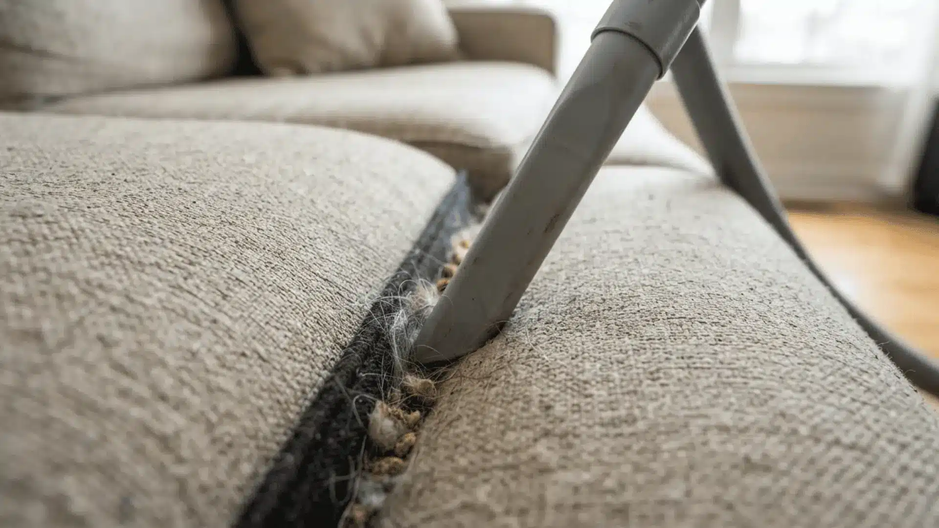 a vacuum crevice tool cleans pet hair crumbs and debris from the narrow gap between beige sofa cushions