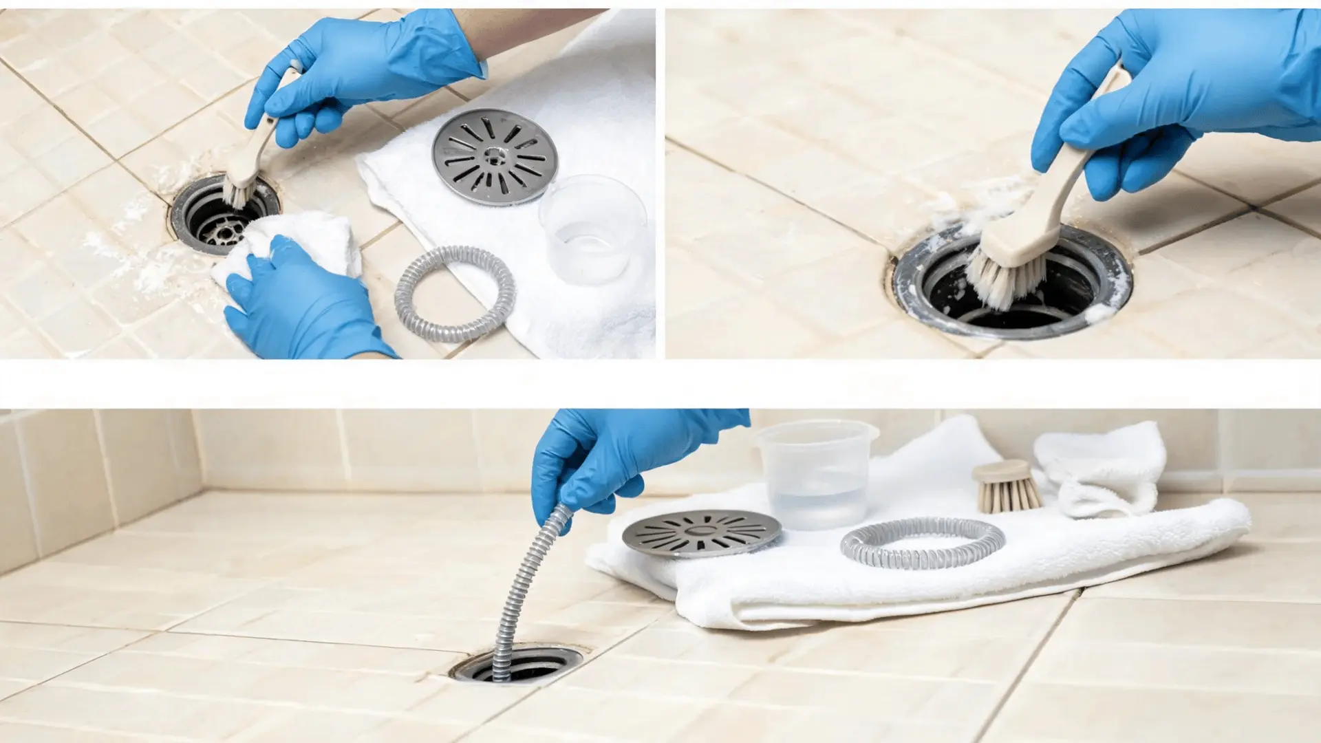 gloved hand brushing soap residue from the rim of an open shower drain