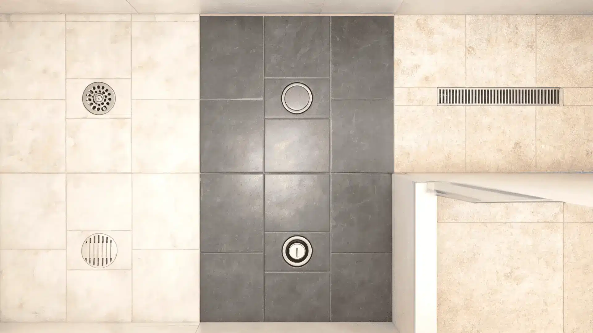 several shower drain designs shown across contrasting tiled bathroom floors
