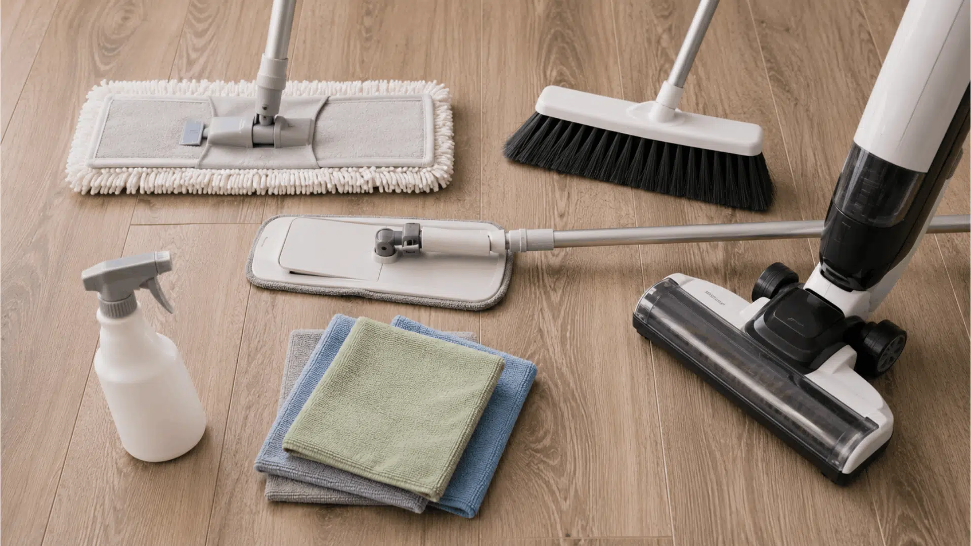 cleaning tools including microfiber mop broom vacuum cloths and cleaner arranged on luxury vinyl plank flooring indoors