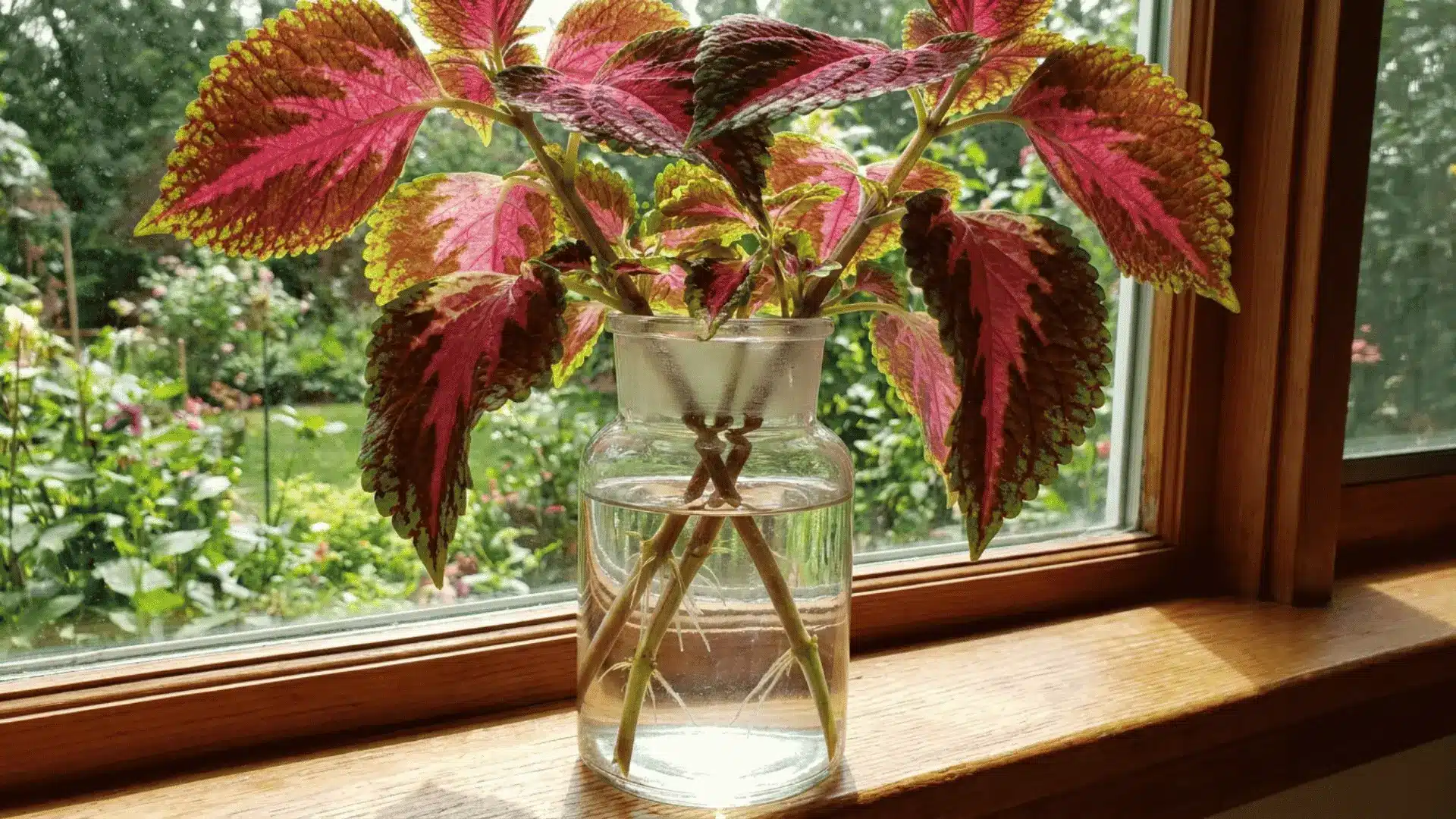 pink and green coleus cuttings rooting in a clear glass jar of water on a sunny wooden windowsill overlooking a garden