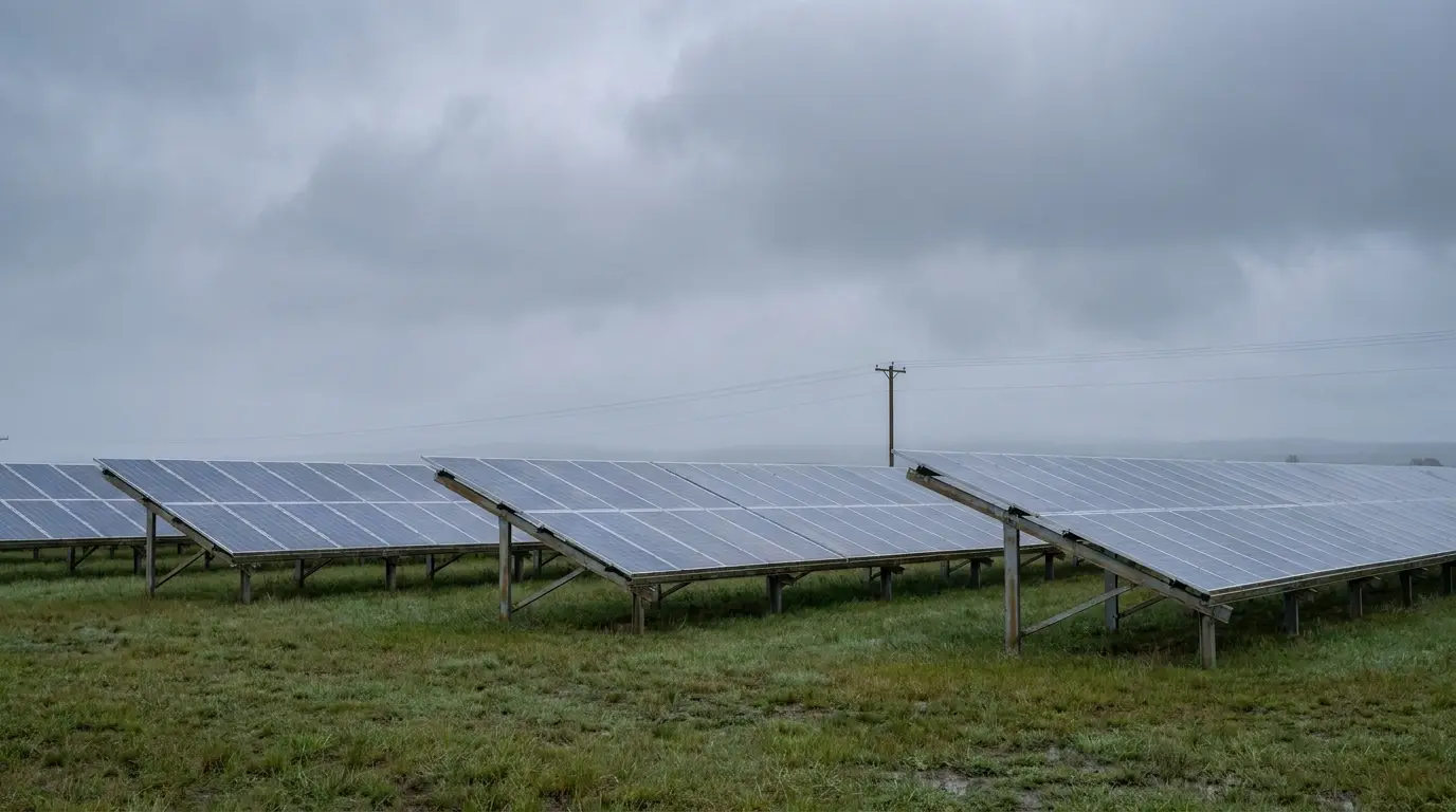Solar panels on grassy field under overcast sky