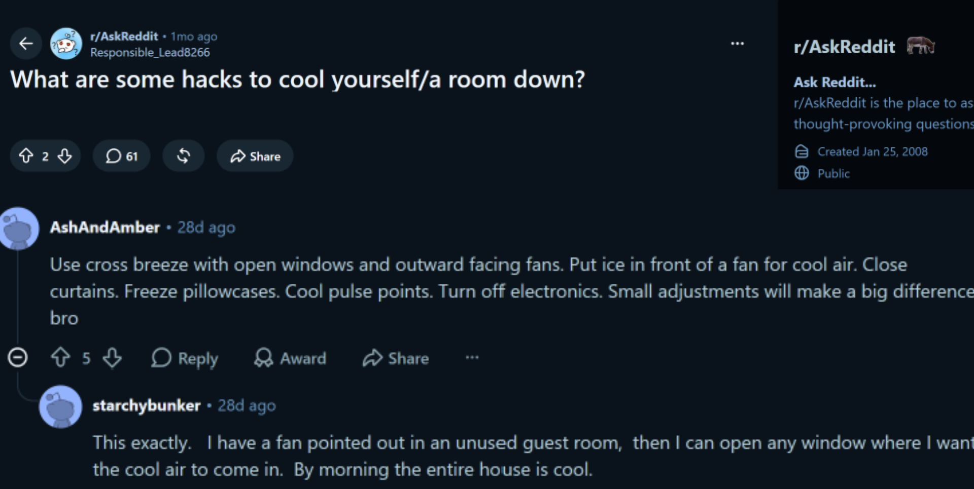 reddit thread asking for hacks to cool a room down showing top comment about fans open windows curtains and turning off electronics