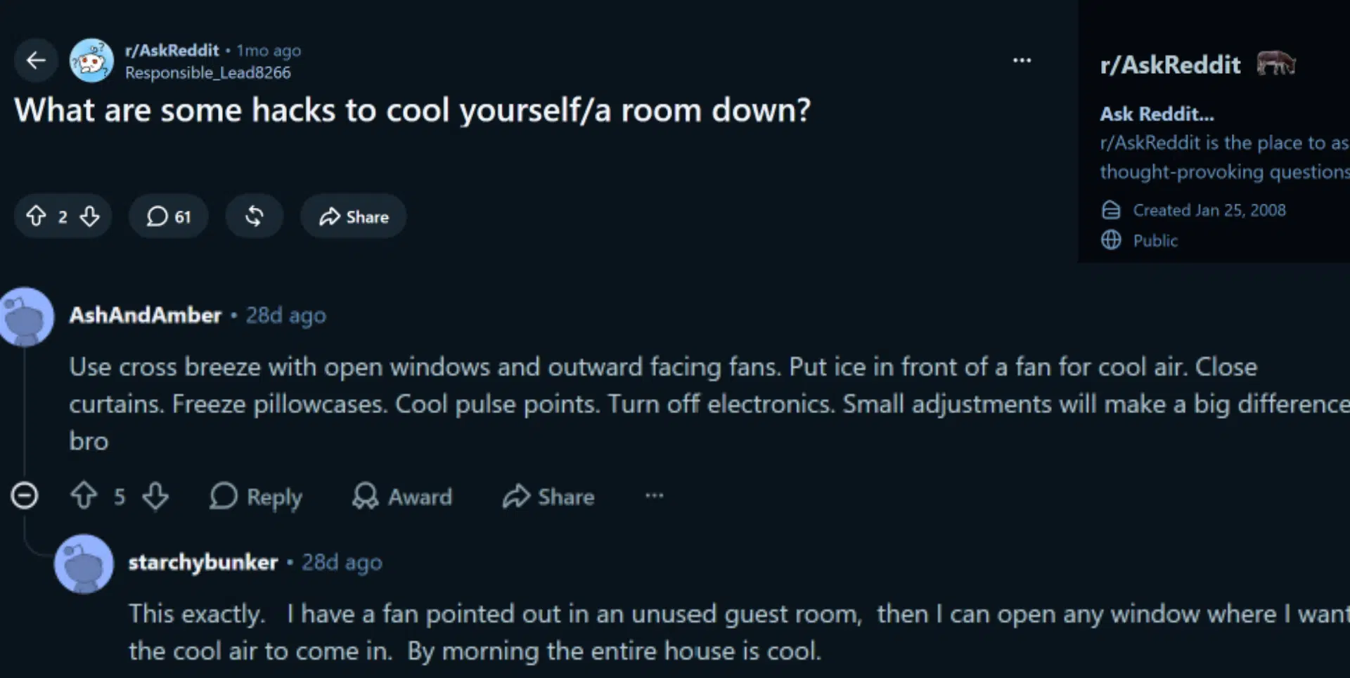 reddit thread asking for hacks to cool a room down showing top comment about fans open windows curtains and turning off electronics