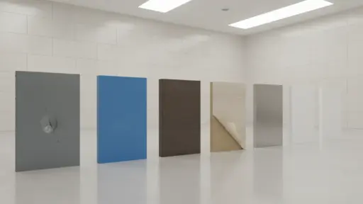 Seven upright panels with different textures and colors in a well-lit, tiled room