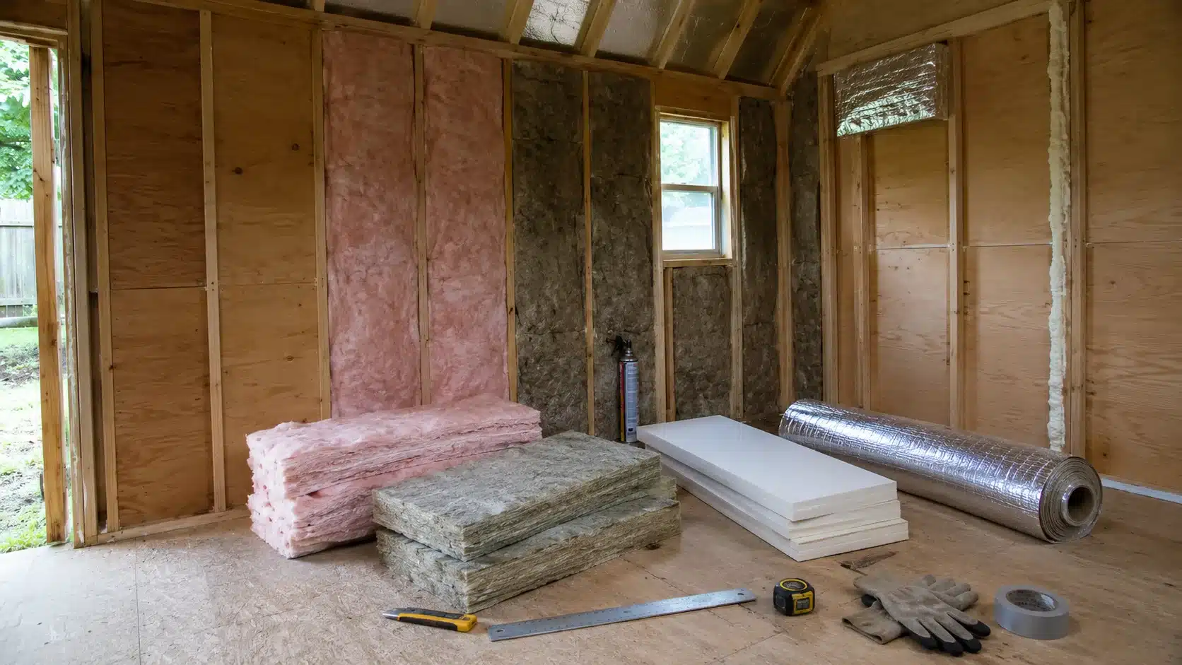 fiberglass mineral wool rigid foam spray foam and reflective foil inside a shed