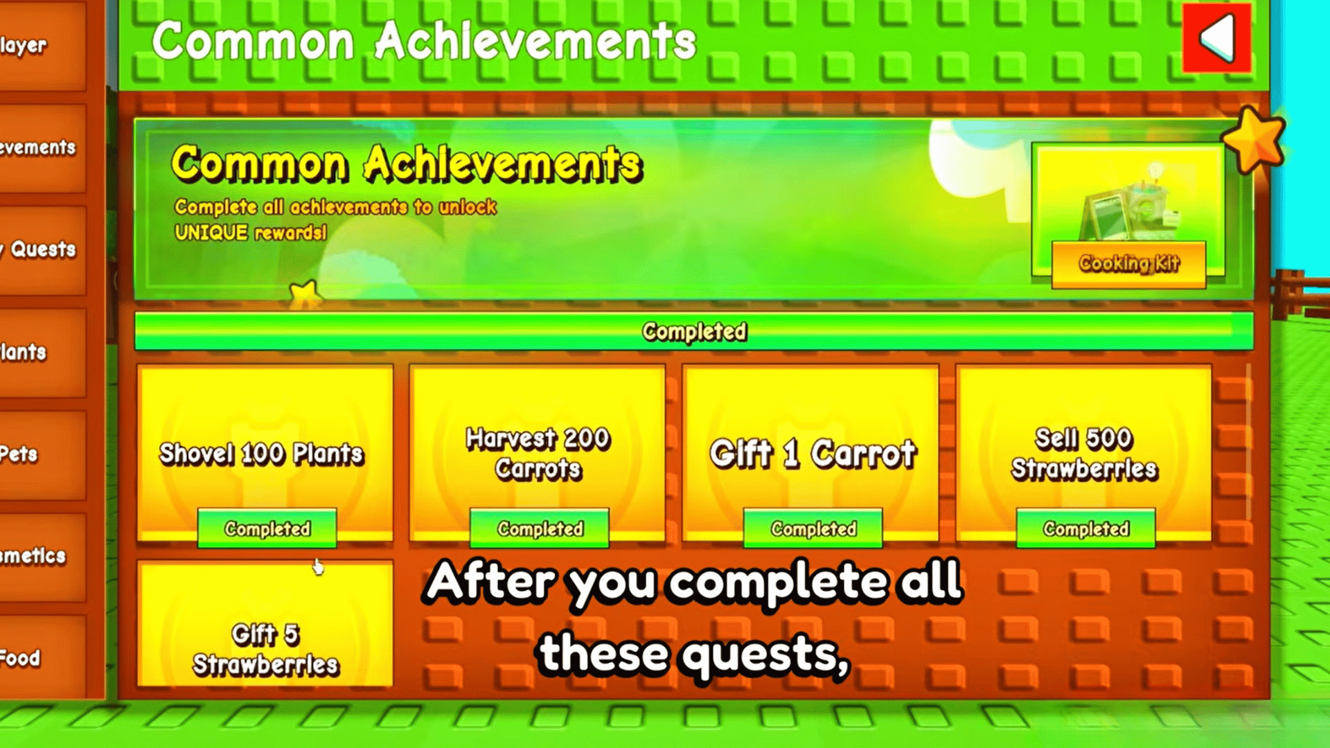 grow a garden common achievement quests completed to unlock the useful cooking kit reward