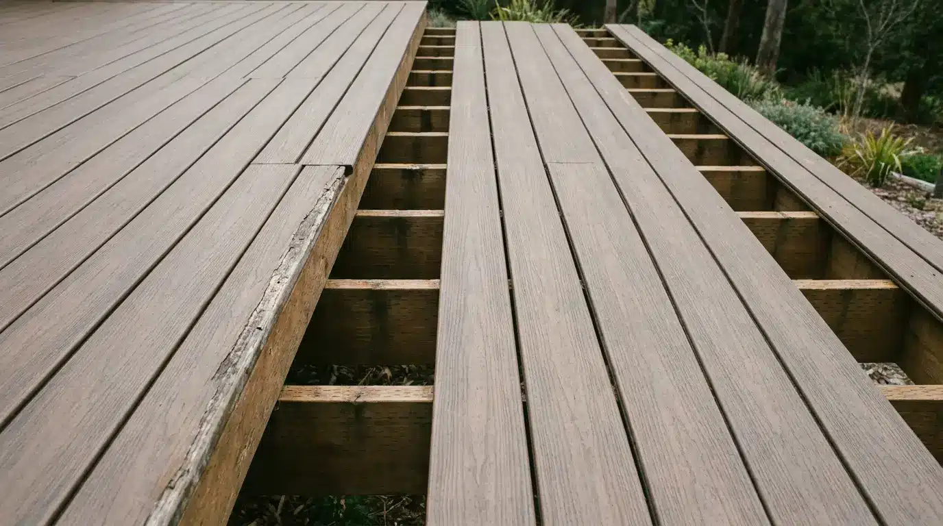 Partially constructed wooden deck with exposed beams in a garden setting