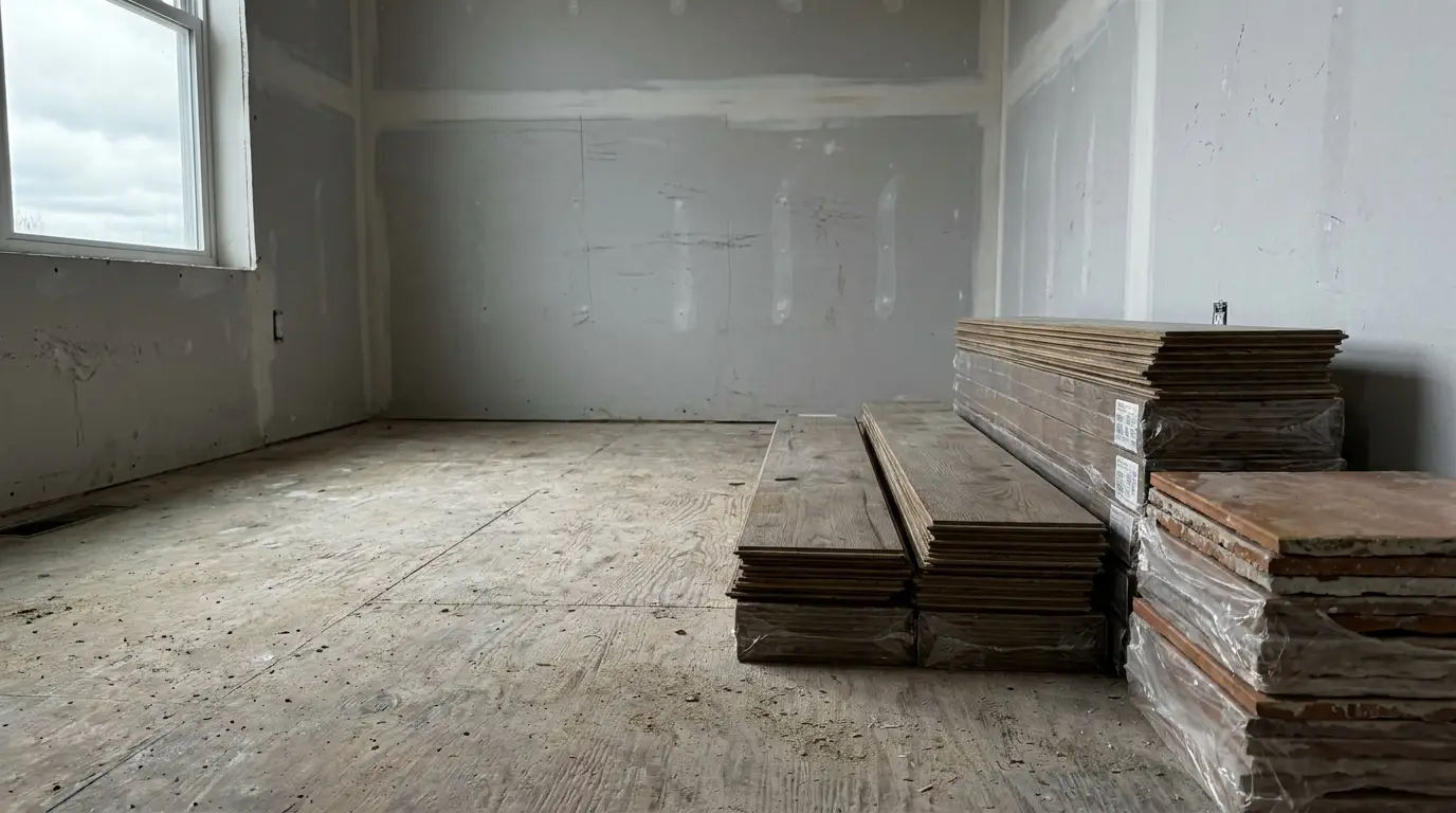 Stacks of wood flooring planks in unfinished room with drywall and window on left
