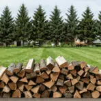large pile of split firewood stacked on grass with evergreen trees and homes in the background