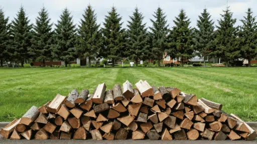 large pile of split firewood stacked on grass with evergreen trees and homes in the background