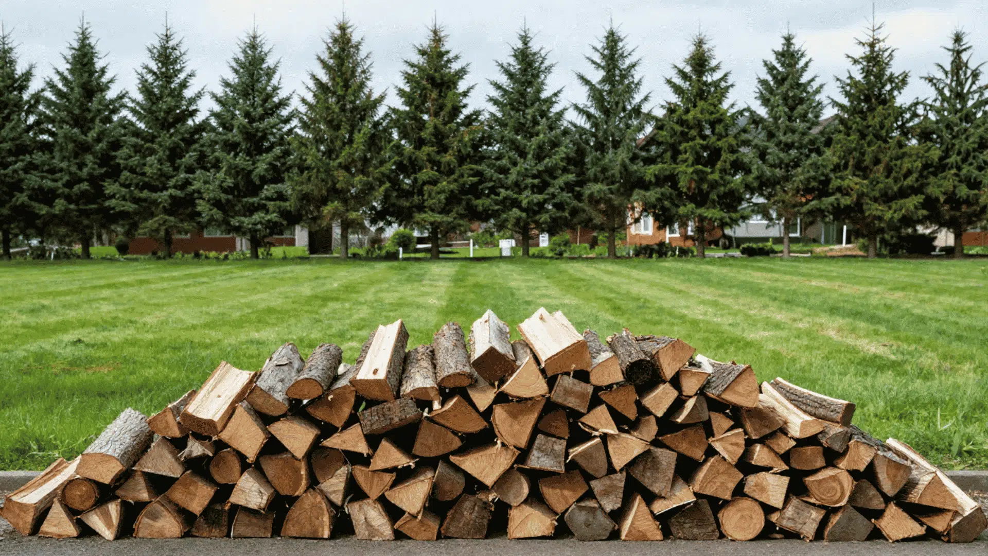 large pile of split firewood stacked on grass with evergreen trees and homes in the background