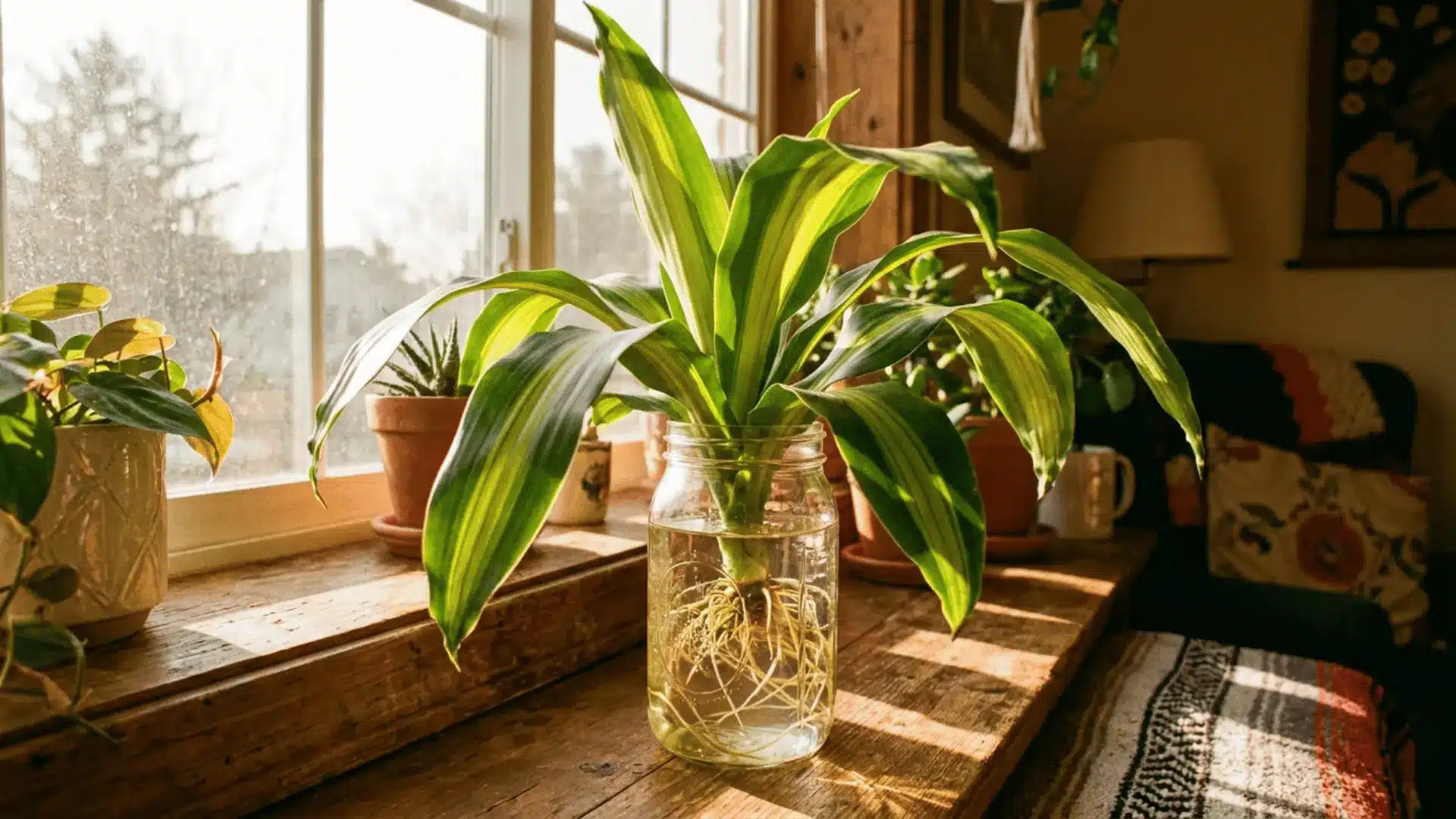 striped green dracaena cutting with tangled white roots growing in a glass jar on a sunlit wooden table