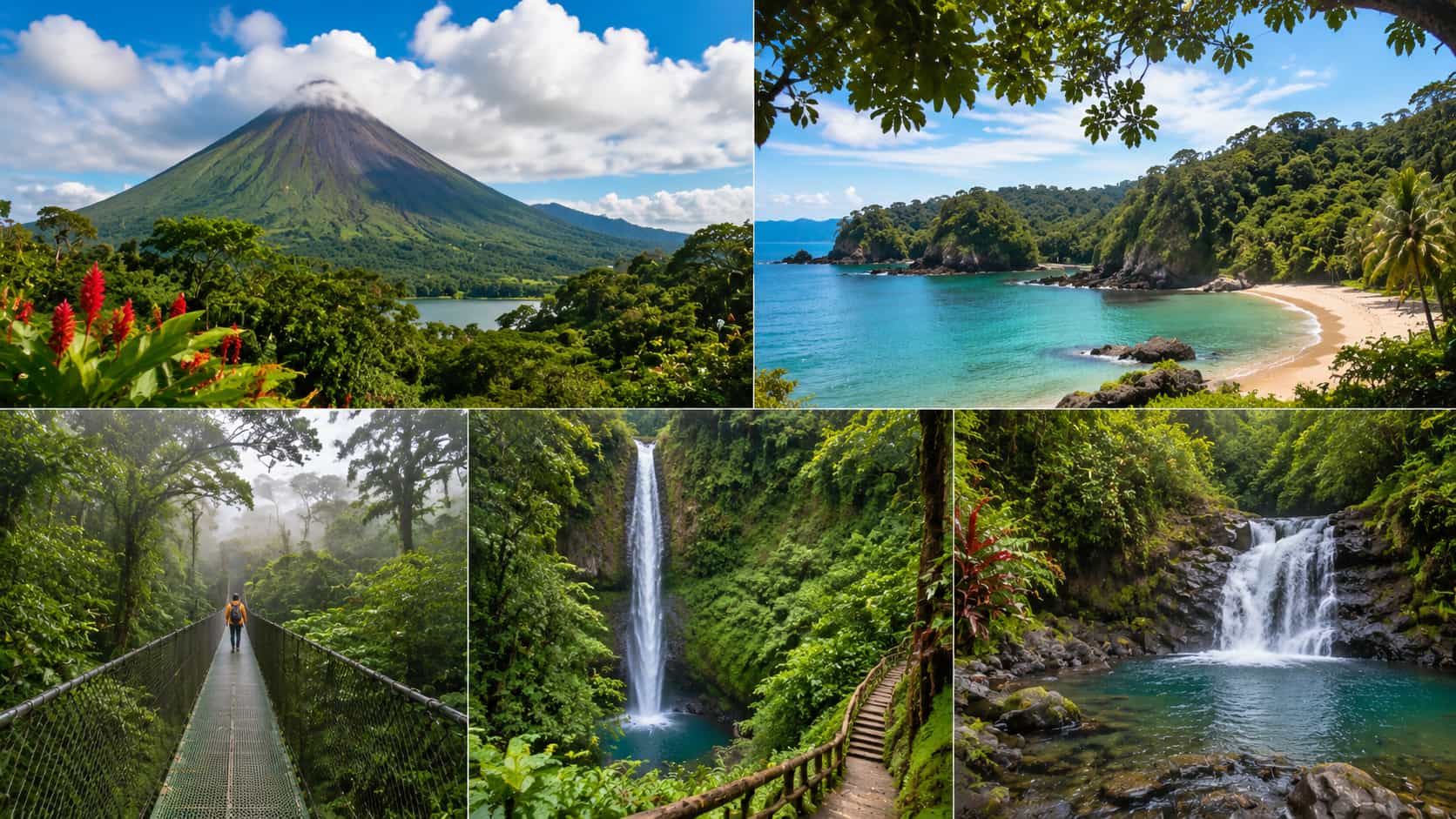 collage of costa rica featuring a volcano, a tropical beach, and waterfalls