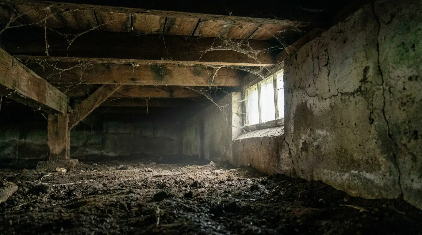 Cobweb-filled crawl space with dirt floor and sunlight through a small window