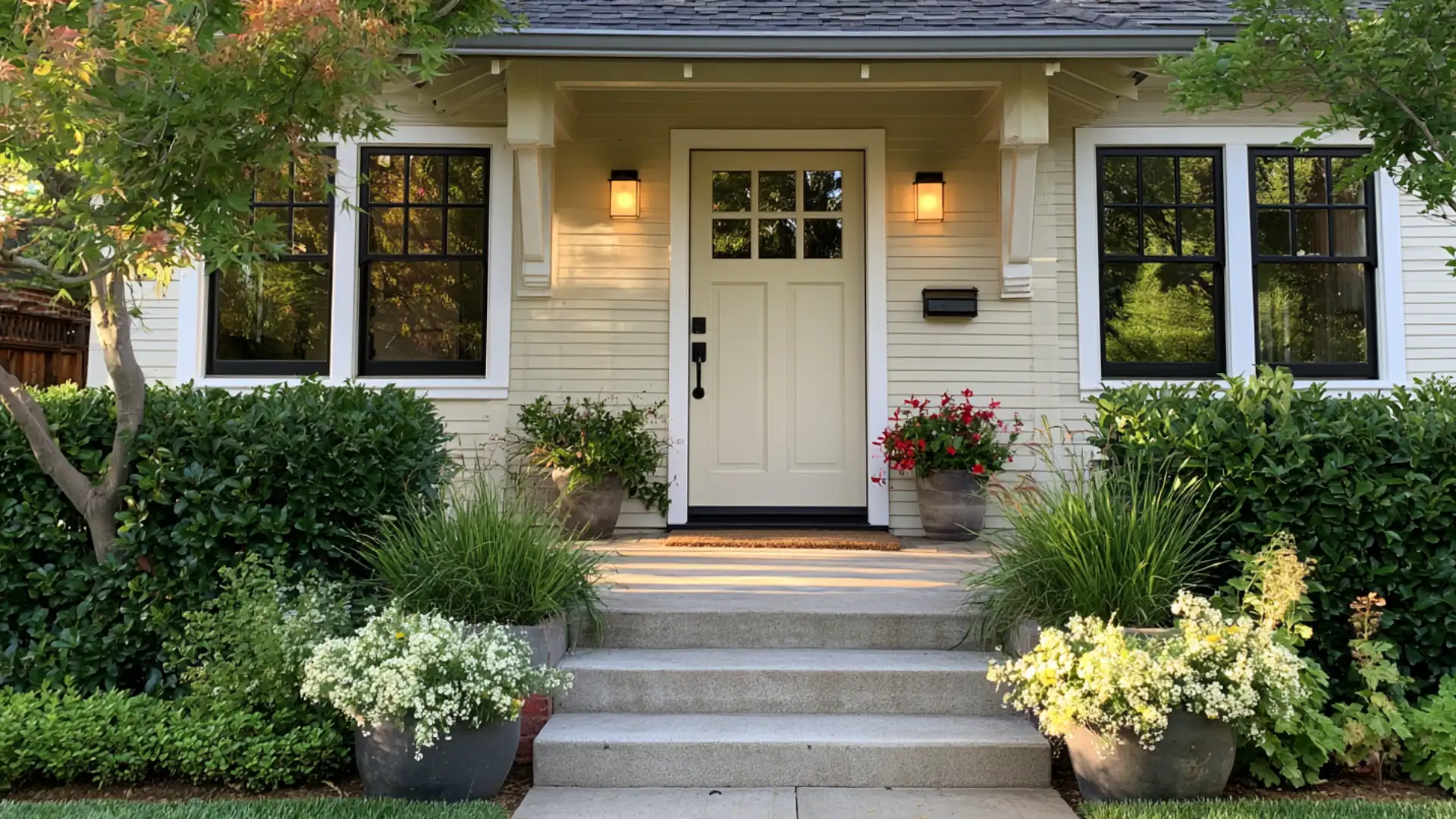 soft cream front door on classic suburban home exterior in warm natural light