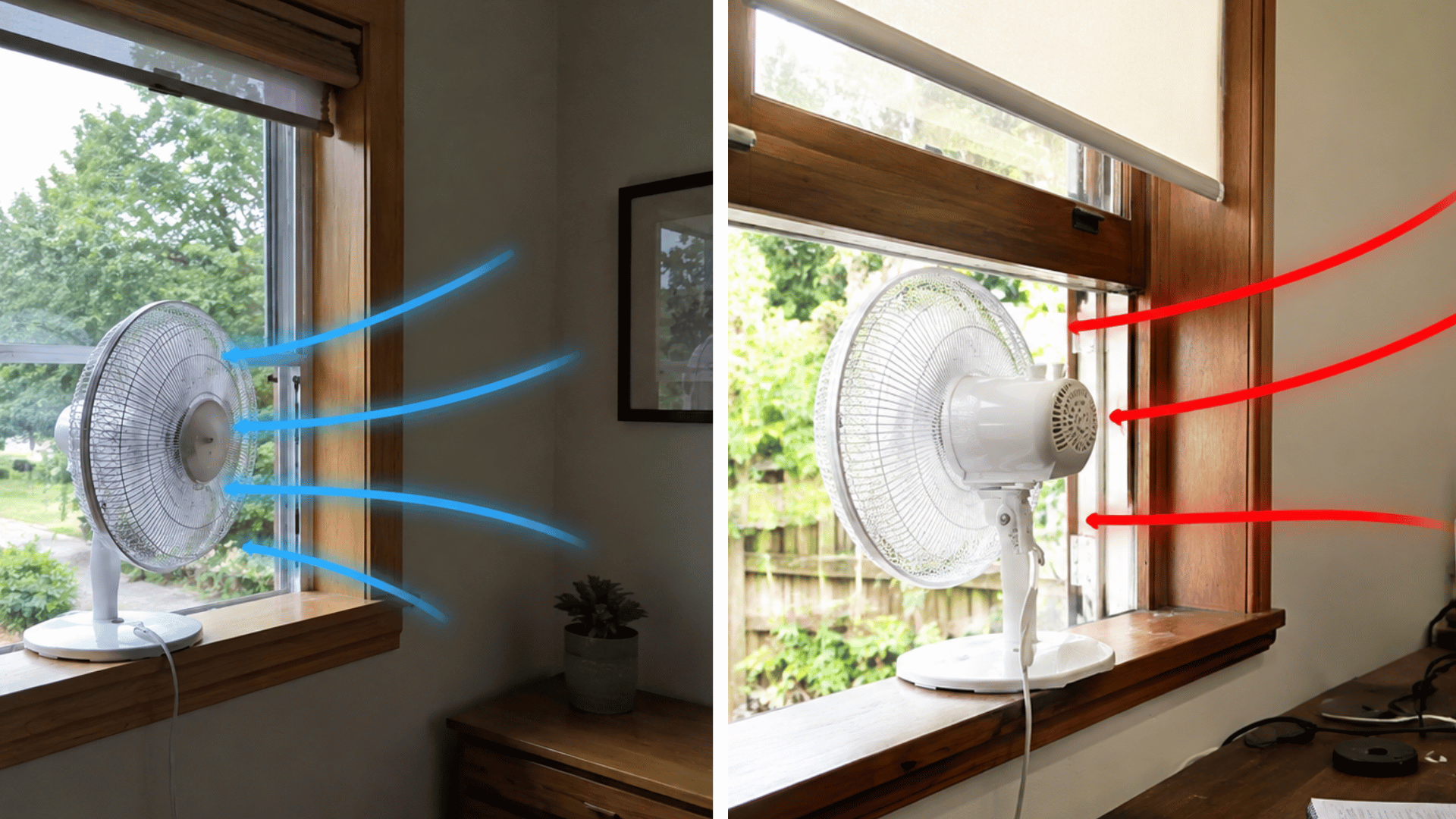 two window fans creating cross ventilation by pulling cool air in and pushing warm air outside