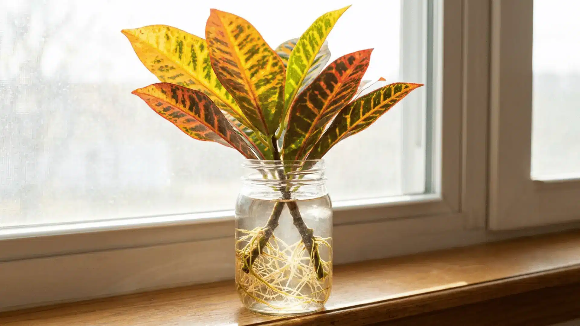 croton cuttings with orange yellow and green leaves and tangled roots growing in a glass jar on a bright windowsill