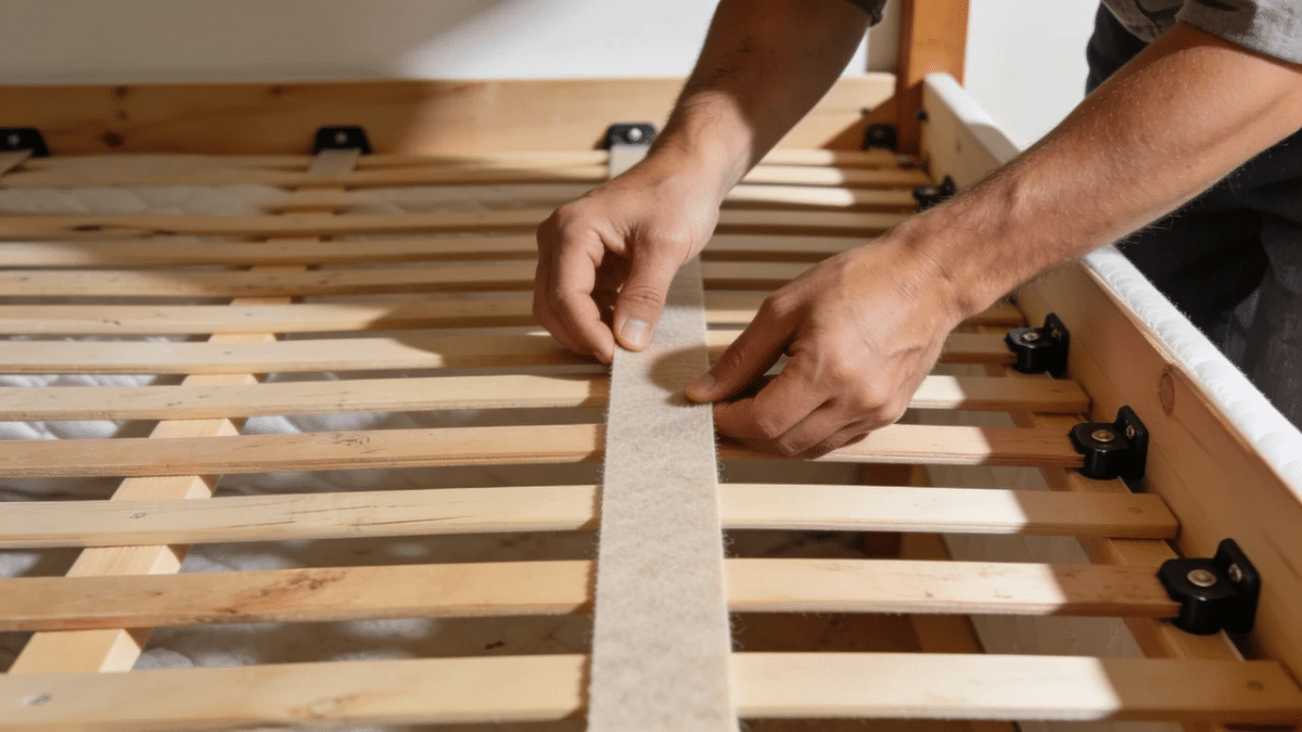 close up of felt strips fitted between bed slats and rails to stop rubbing squeaks and uneven support
