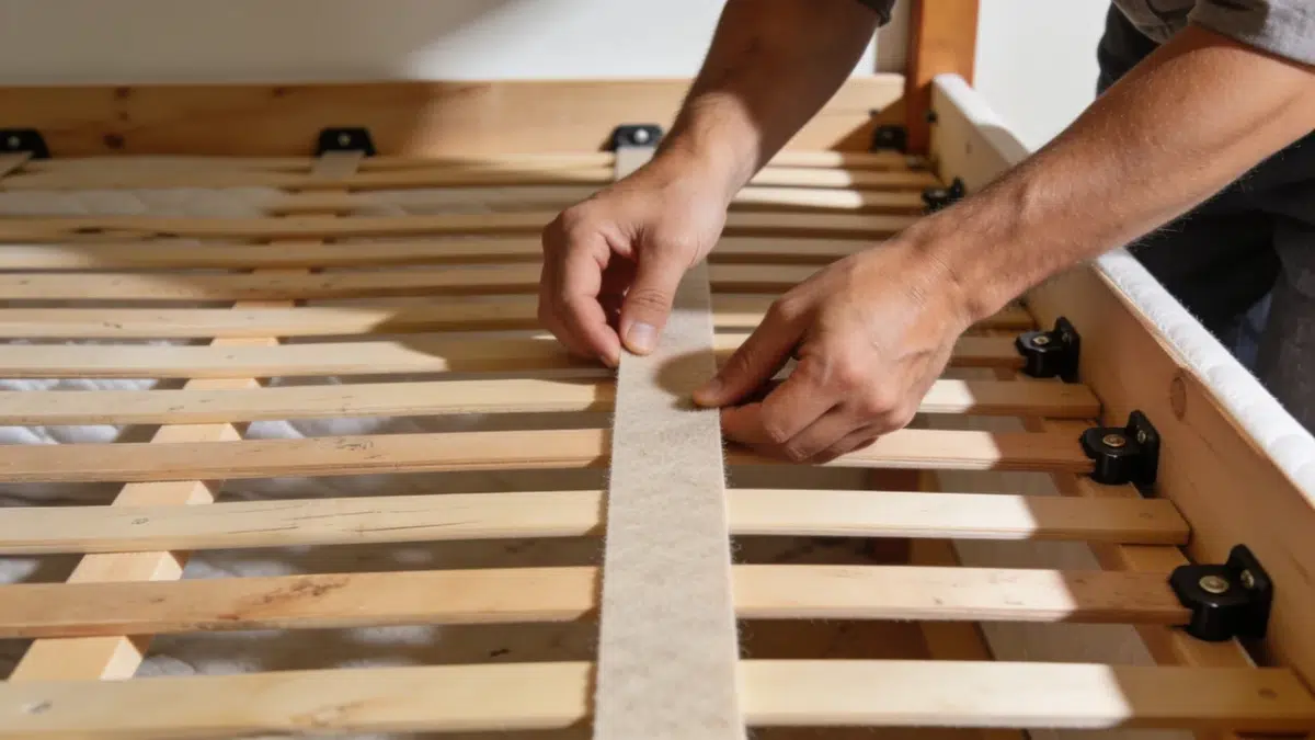 close up of felt strips fitted between bed slats and rails to stop rubbing squeaks and uneven support
