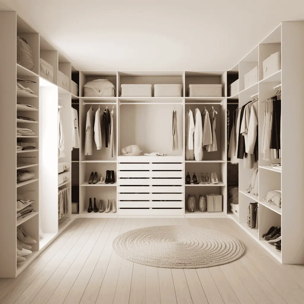 Modern walk-in closet with organized clothing and shoes, neutral tones, overhead lighting