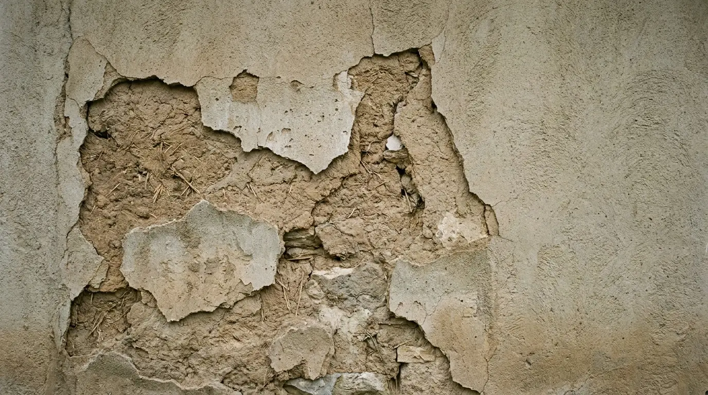 Cracked and peeling plaster wall revealing underlying materials in a rustic setting