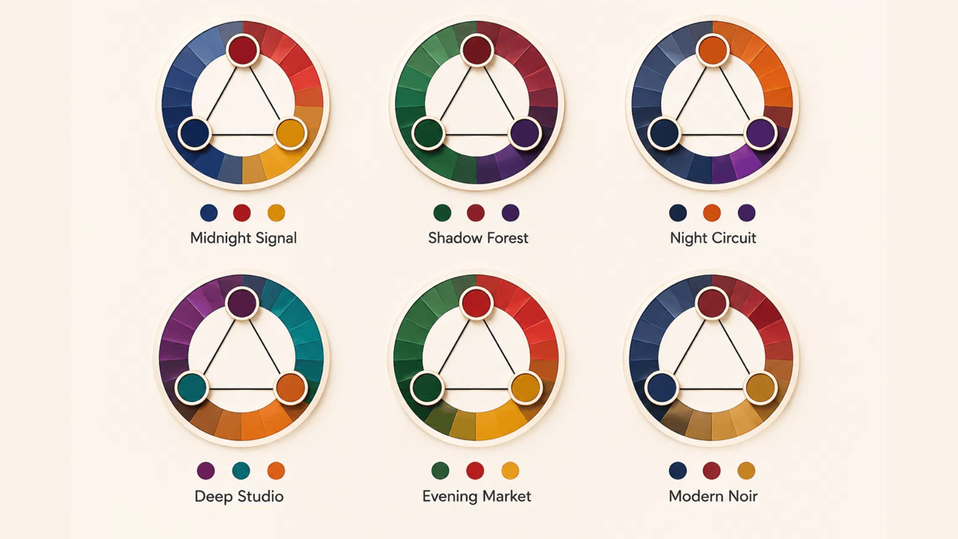 dark triadic color schemes use one deep background shade with two colors as focal accents