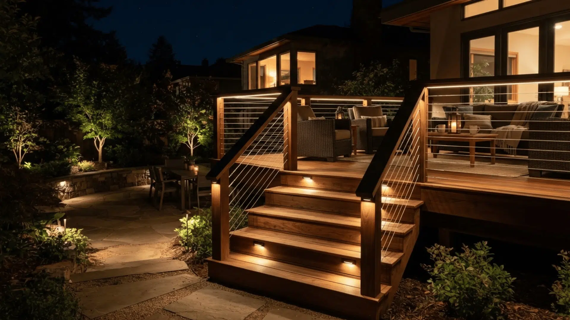 hidden deck rail lights outlining wide wooden handrails and steps on a modern outdoor deck
