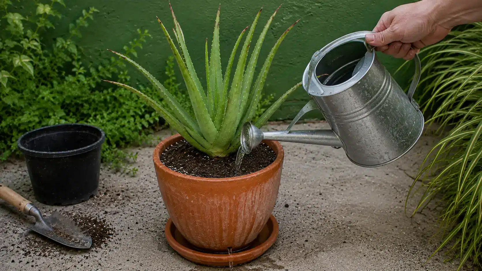 hand watering aloe vera deeply in a terracotta pot as excess water drains into the saucer