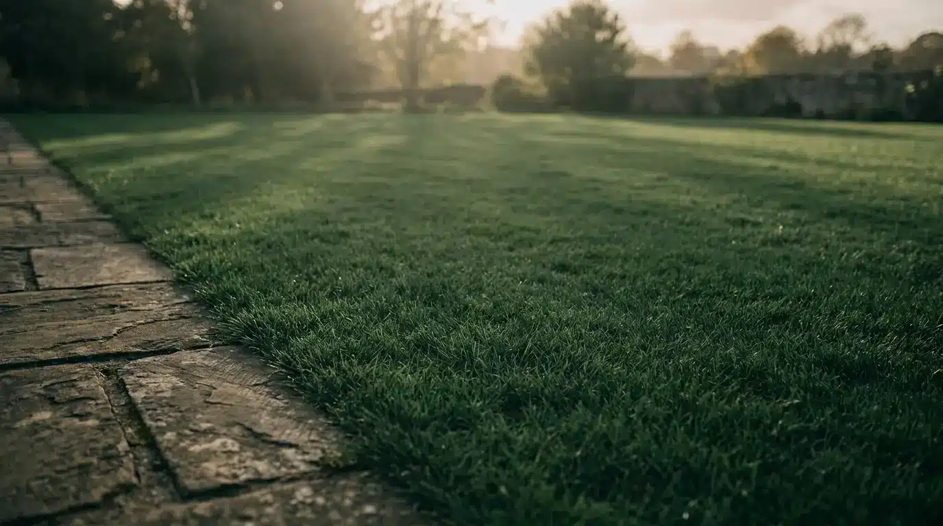 Lush green lawn next to stone walkway in sunny garden setting