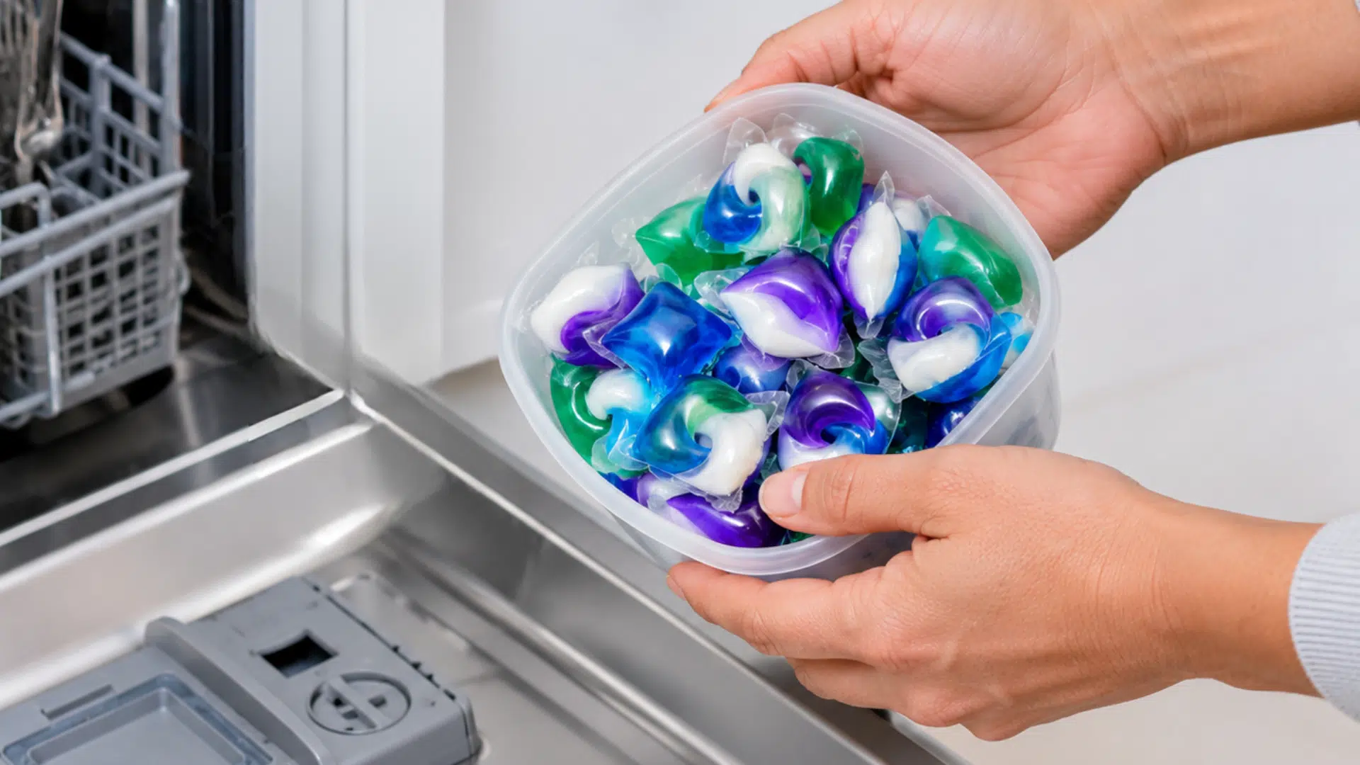 person holding detergent pods beside an open dishwasher to show use of the wrong detergent