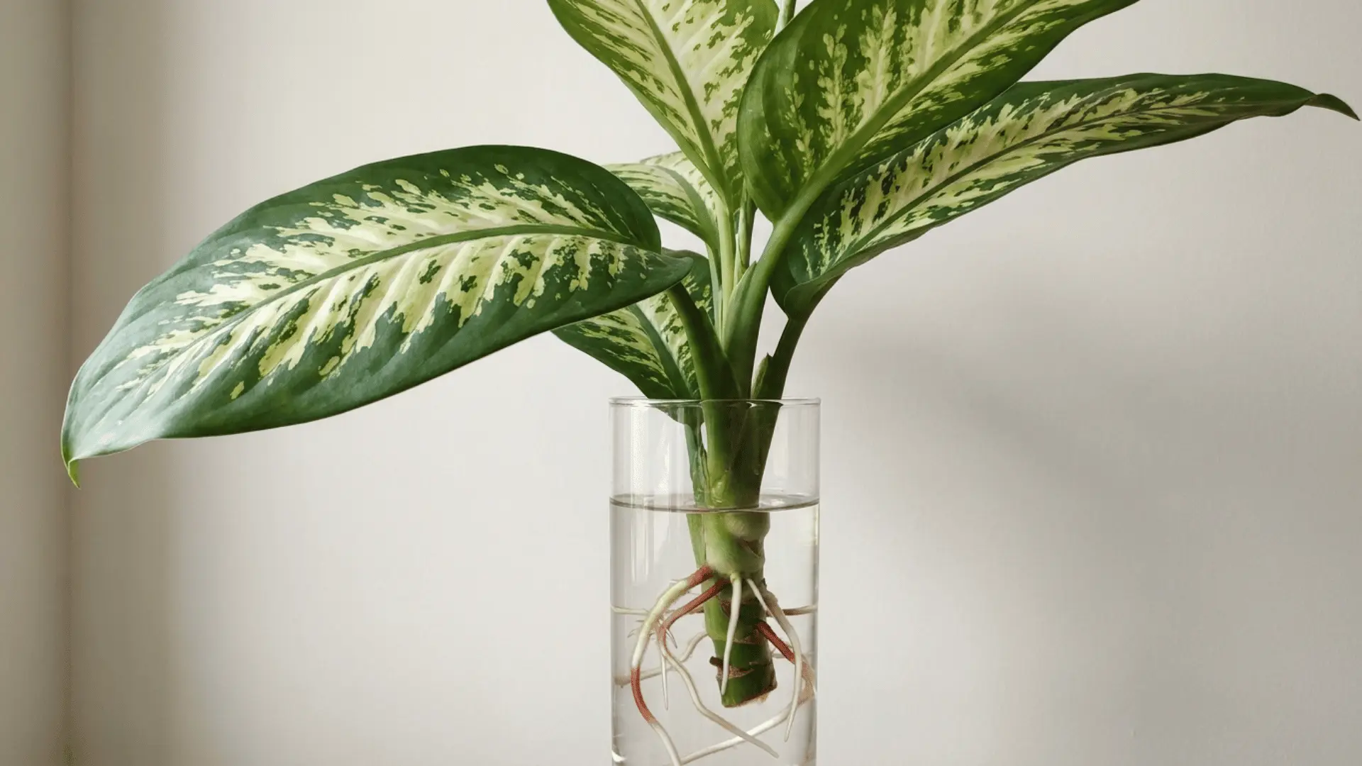variegated leafy cutting with green and cream leaves and new roots growing in a clear glass of water