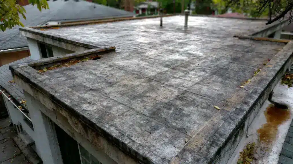 weathered flat roof surface showing dirt, debris, and signs of aging roofing material