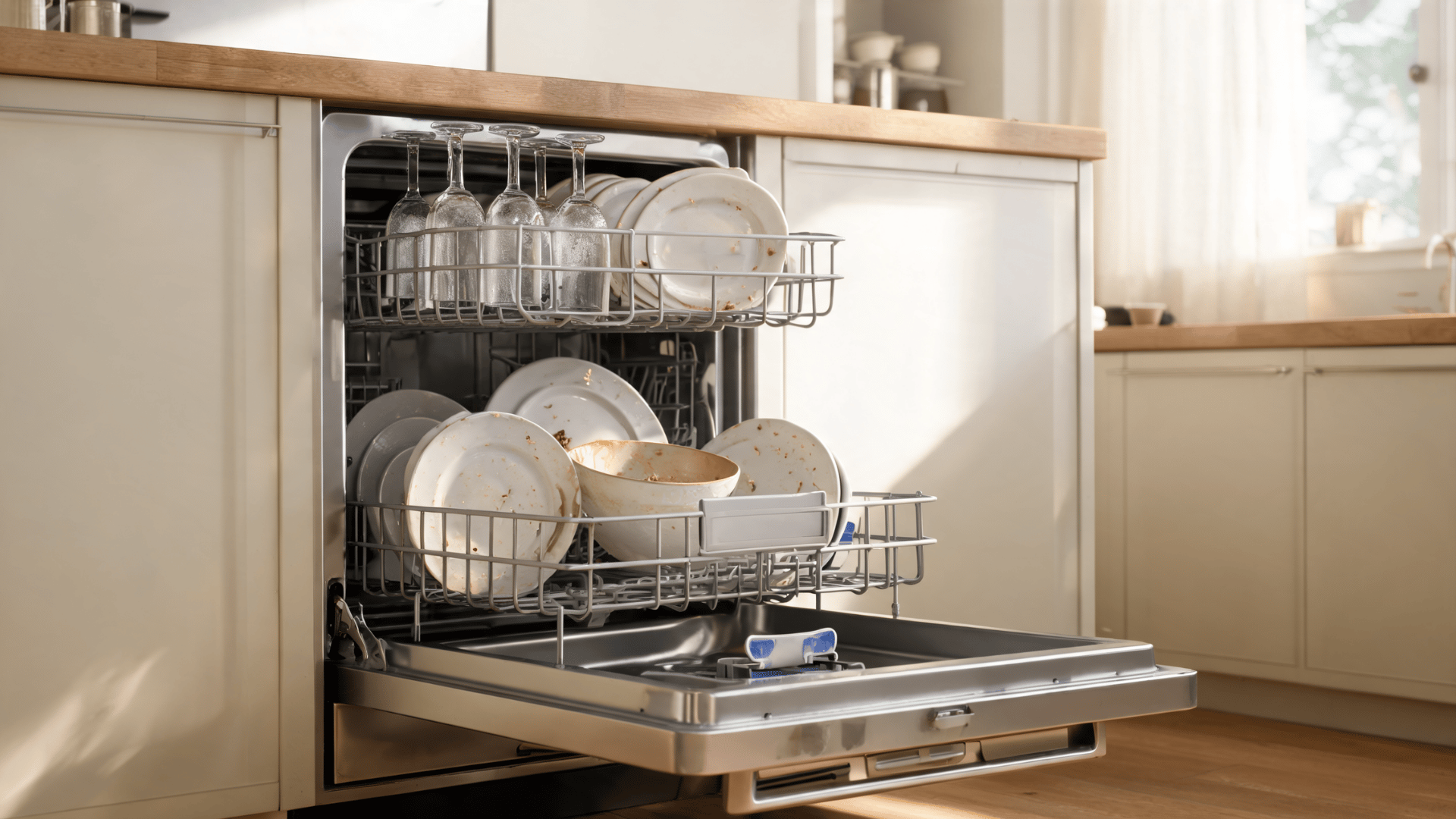 open dishwasher filled with dirty plates and cloudy glasses in a bright modern kitchen