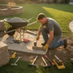 Man laying patio stones in backyard with tools and wheelbarrow in sunlight